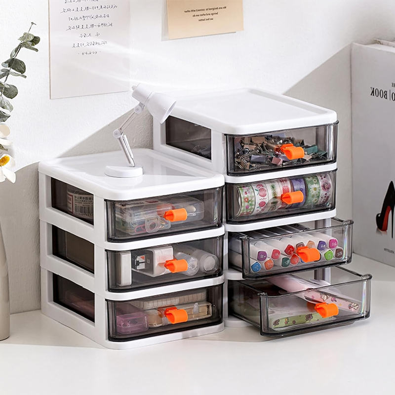 Desktop Storage Box,Office Desk Drawer Organizer and Accessories, White Plastic Drawers 4 layers - Image 2