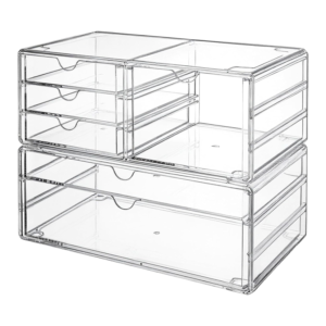 Acrylic Makeup Organizer With 6 Drawers, Stackable Office Desk Storage and Organization, Clear Dustproof Jewelry Drawer Bins for Vanity, Bathroom Countertop, Art Craft Supplies